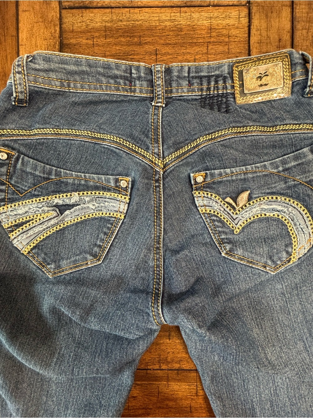 Y2K Vintage Apple Bottoms Dark Blue Distressed Embroidered Skinny Jeans - Picture 2 of 13
